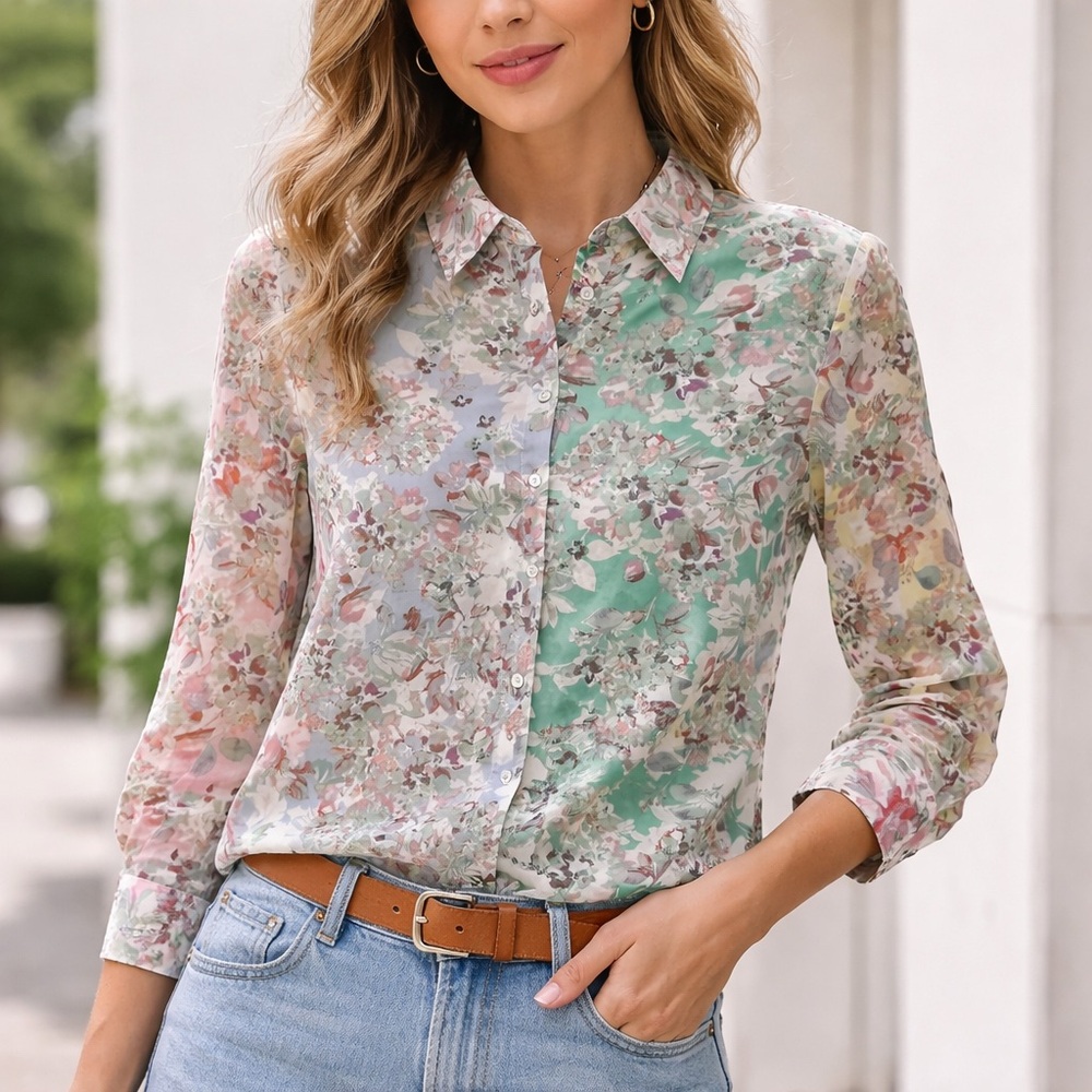 Rose + Olive Women’s XS Patchwork Floral Sheer Chiffon Button Up Shirt Blouse